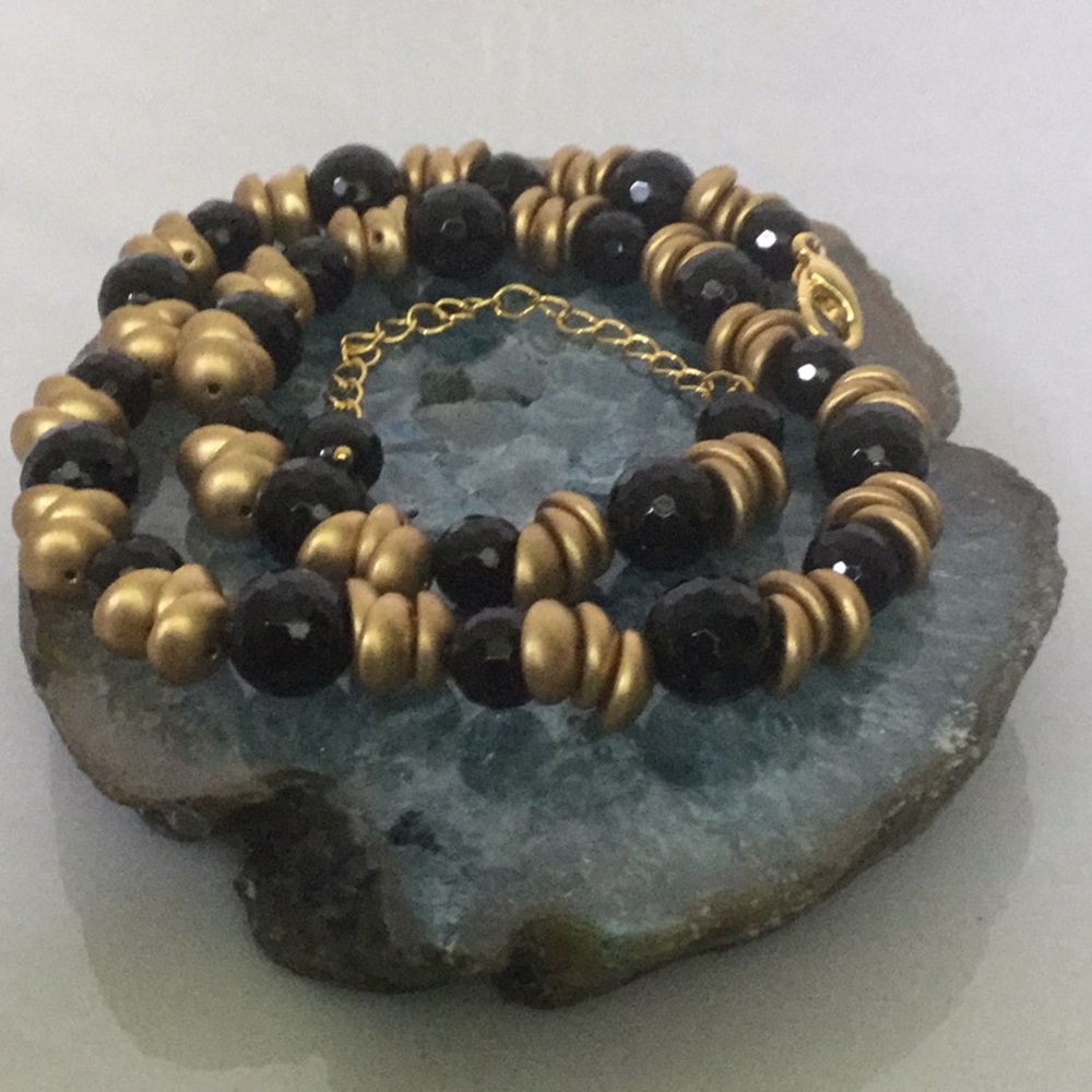 Vtg16”W/3”ExtNecklaceW/Round Faceted Onyx&CzechBds - Picture 2 of 6